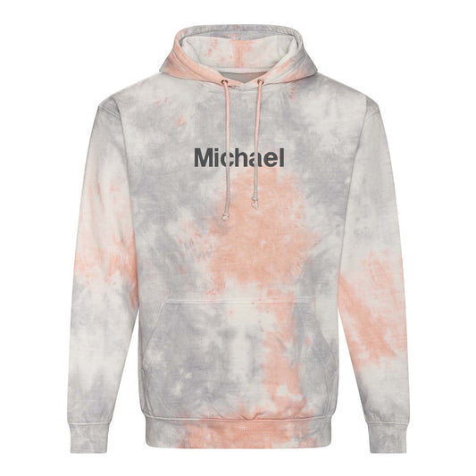 Tie-dye hoodie with 'Michael' branding on a white background
