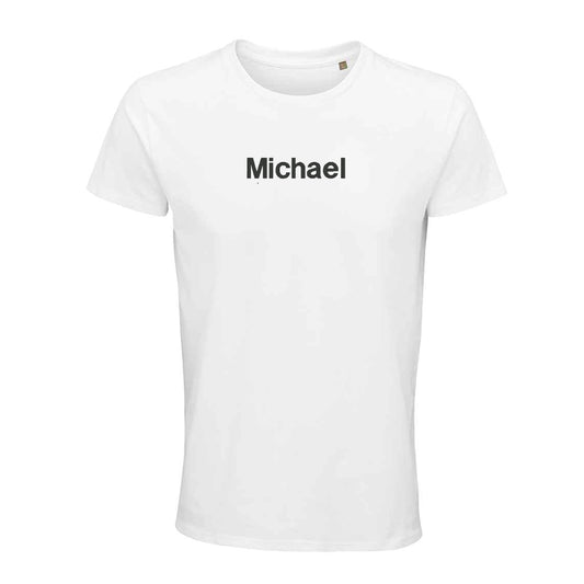 white top with embroidered name