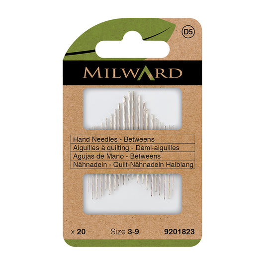 Milward hand needle package with needles inside on a white background