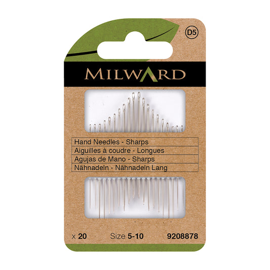 Milward hand needle package with needles inside on a white background