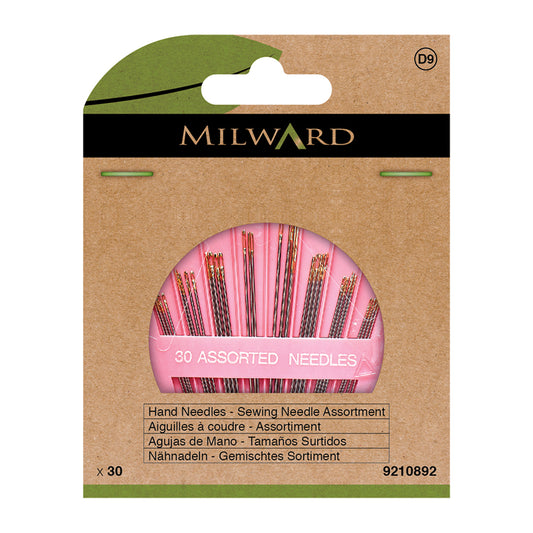 Milward sewing needle assortment packaging with pink needles on a brown background