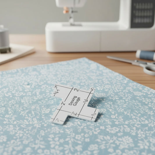 Measurement chart on floral fabric with sewing machine in the background