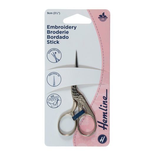 Pair of embroidery scissors in packaging with 'Hemline' branding on a white background