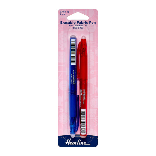 Two erasable fabric pens, one blue and one red, in a Hemline packaging on a white background.