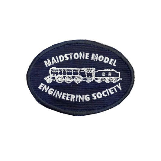 Navy blue patch with white text and train illustration, featuring 'Maidstone Model Engineering Society'.