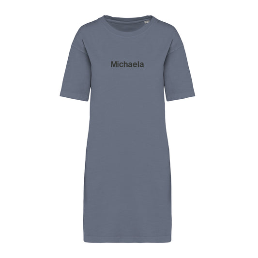 Gray dress with 'Michaela' text on a white background