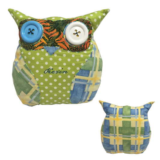 Handmade owl toys with colorful patterns on a white background