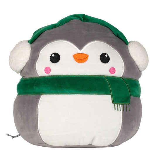 A plush toy resembling a penguin with a green scarf and white pom-pom hat.