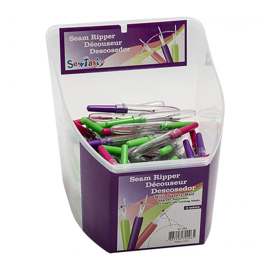 Packaged seam ripper set with colorful handles on a white background