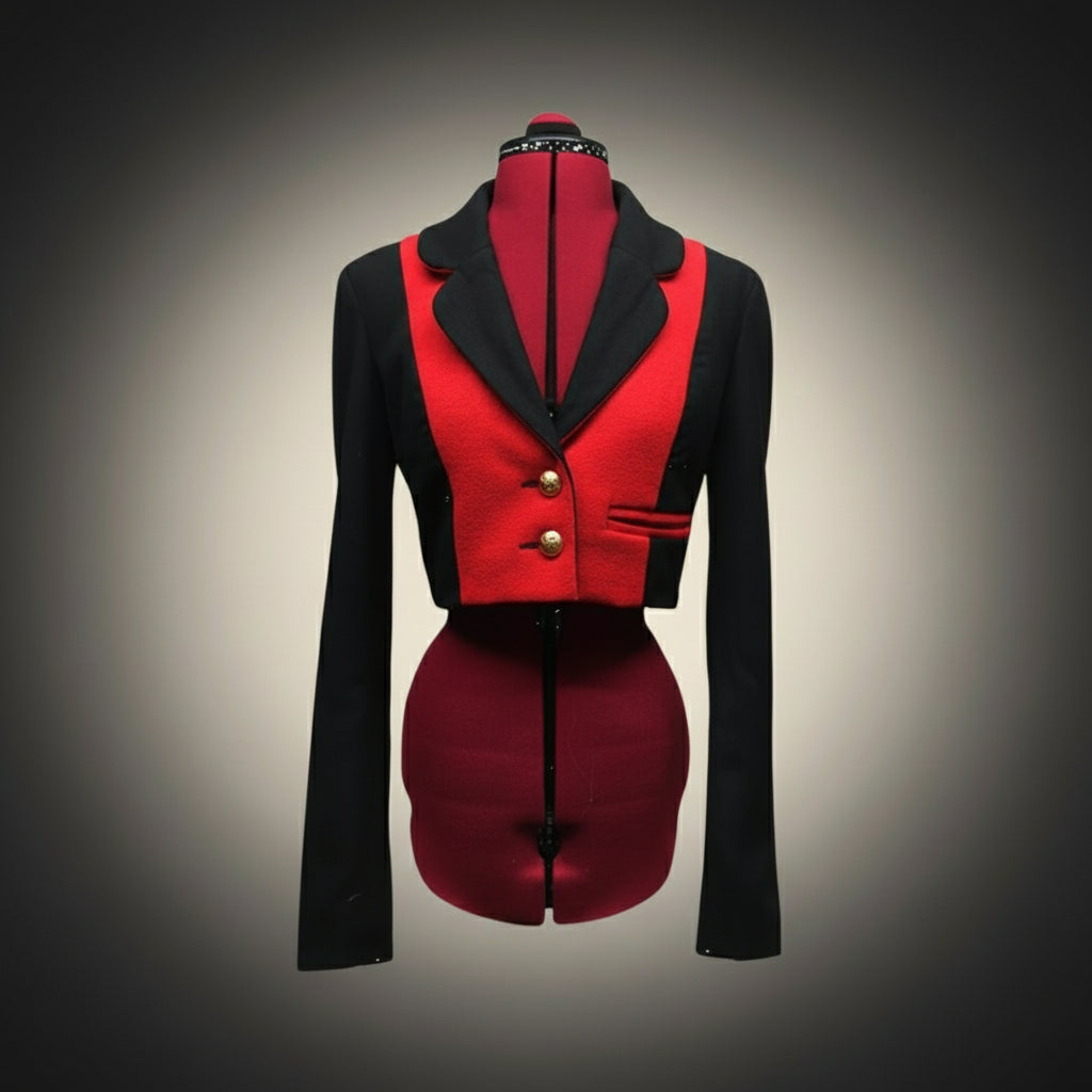 Black and red jacket with gold buttons on a white background