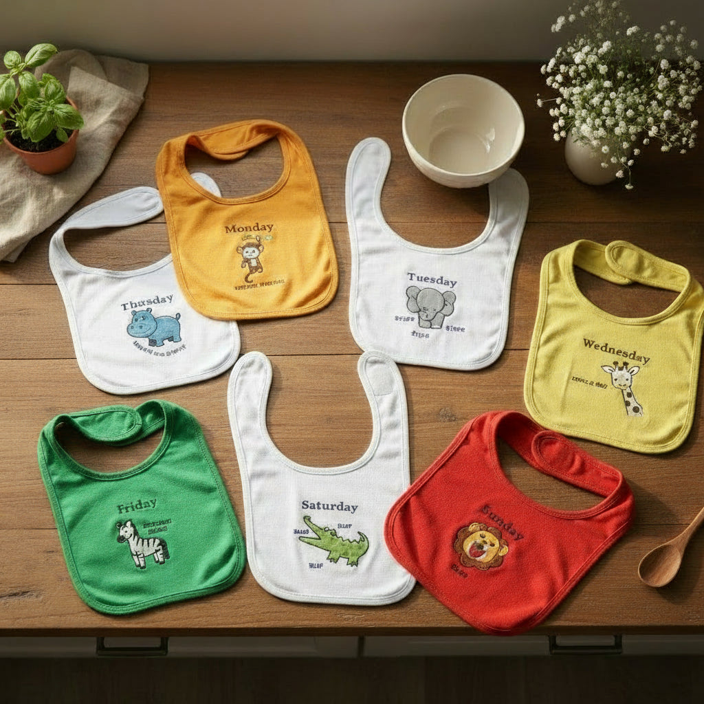 Set of seven colorful baby bibs with days of the week and animal illustrations