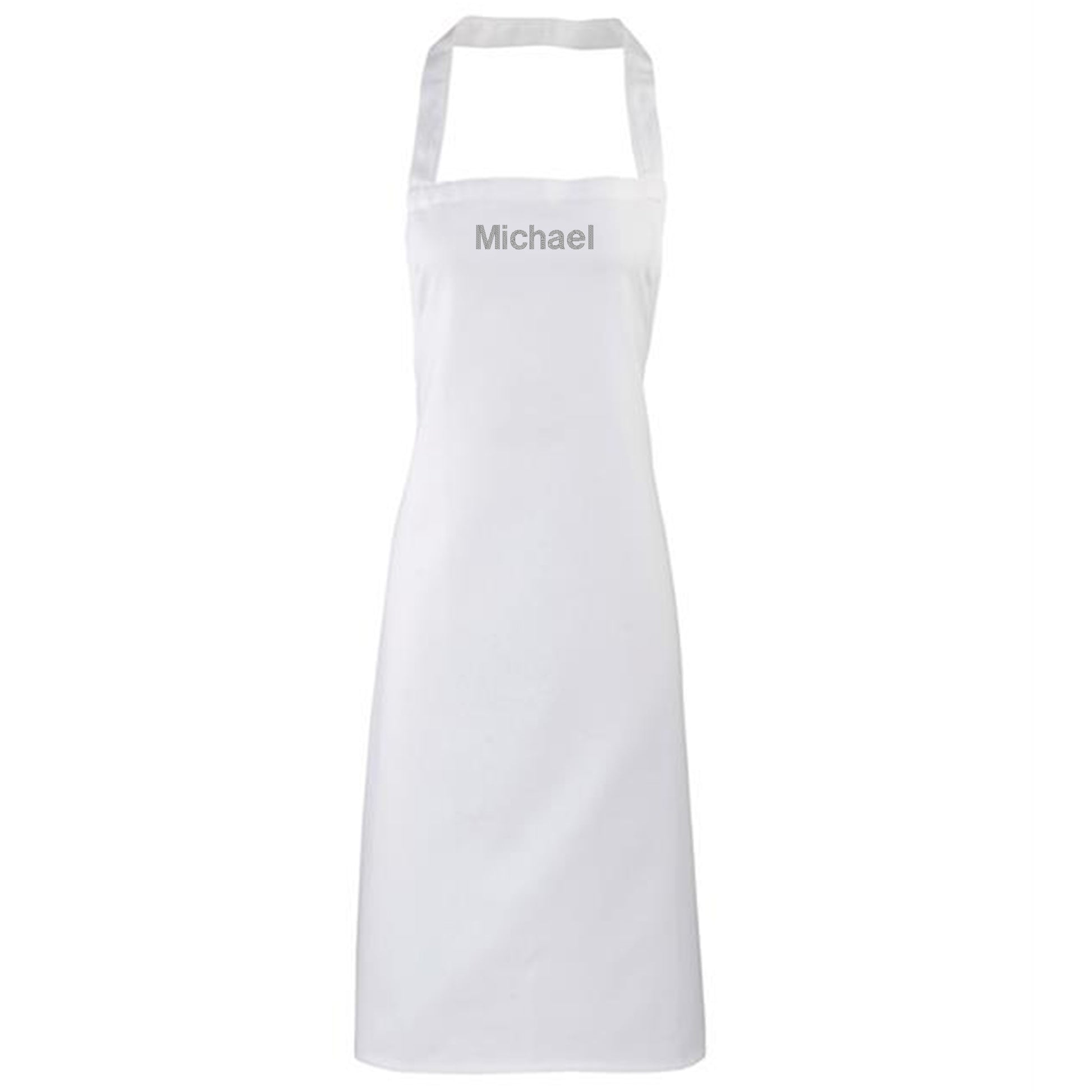 White apron with 'Michael' embroidered on a white background