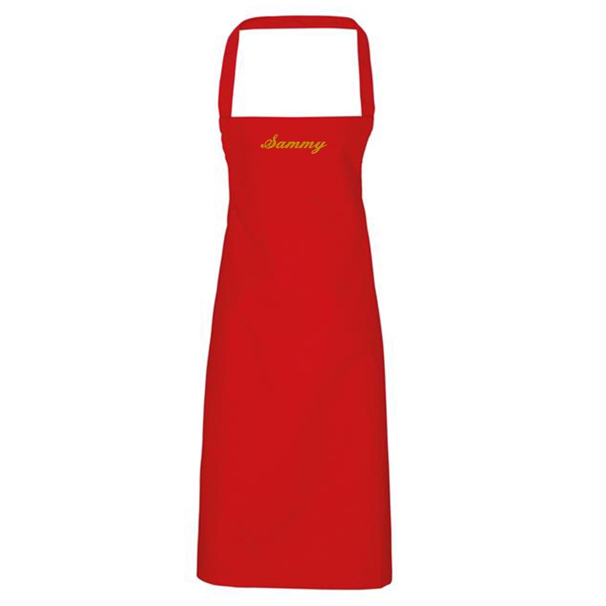 Red apron with 'Sammy' embroidered on a white background