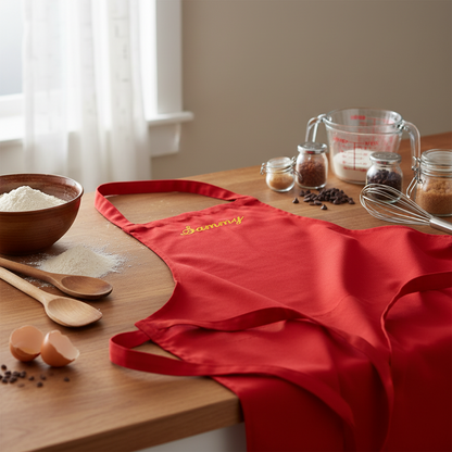 Red apron with embroidery on a kitchen counter with cooking ingredients.