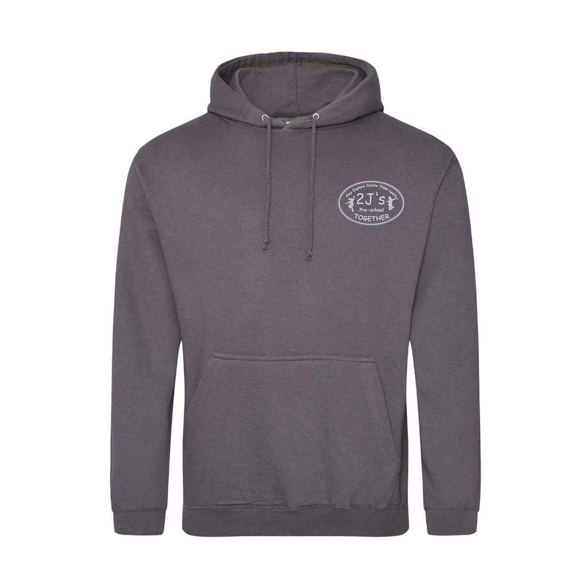 A dark gray heather pullover hoodie with a drawstring hood and a kangaroo pocket, featuring a small white oval logo