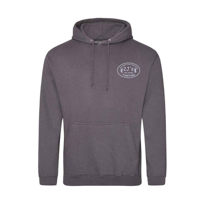 A dark gray heather pullover hoodie with a drawstring hood and a kangaroo pocket, featuring a small white oval logo