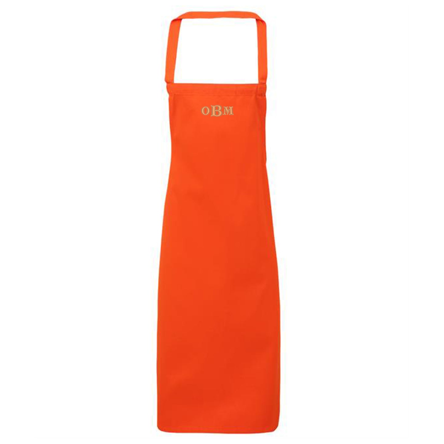 Orange apron with 'OBM' branding on a white background