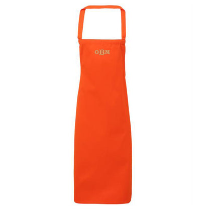 Orange apron with 'OBM' branding on a white background