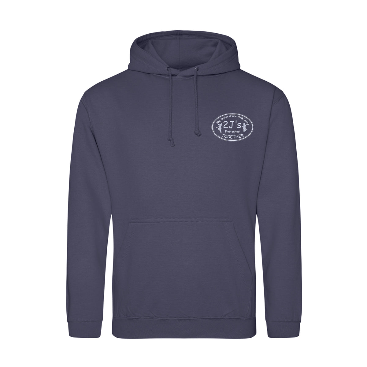A dark slate blue pullover hoodie with a drawstring hood and a kangaroo pocket, featuring a small white oval logo