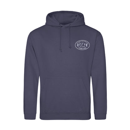 A dark slate blue pullover hoodie with a drawstring hood and a kangaroo pocket, featuring a small white oval logo