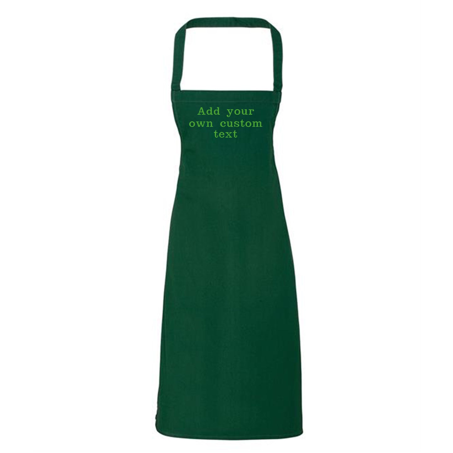 Green apron with text 'Add your own custom text' on a white background