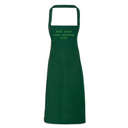Green apron with text 'Add your own custom text' on a white background