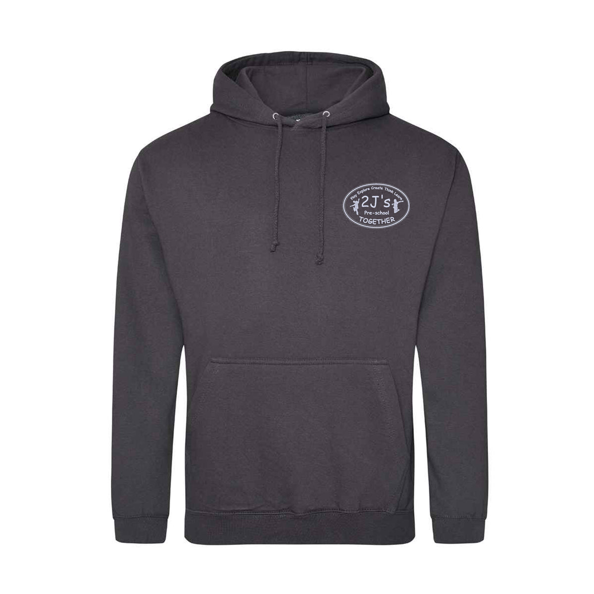 A dark charcoal gray pullover hoodie with a drawstring hood and a kangaroo pocket, featuring a circular white logo