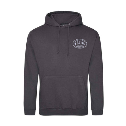 A dark charcoal gray pullover hoodie with a drawstring hood and a kangaroo pocket, featuring a circular white logo