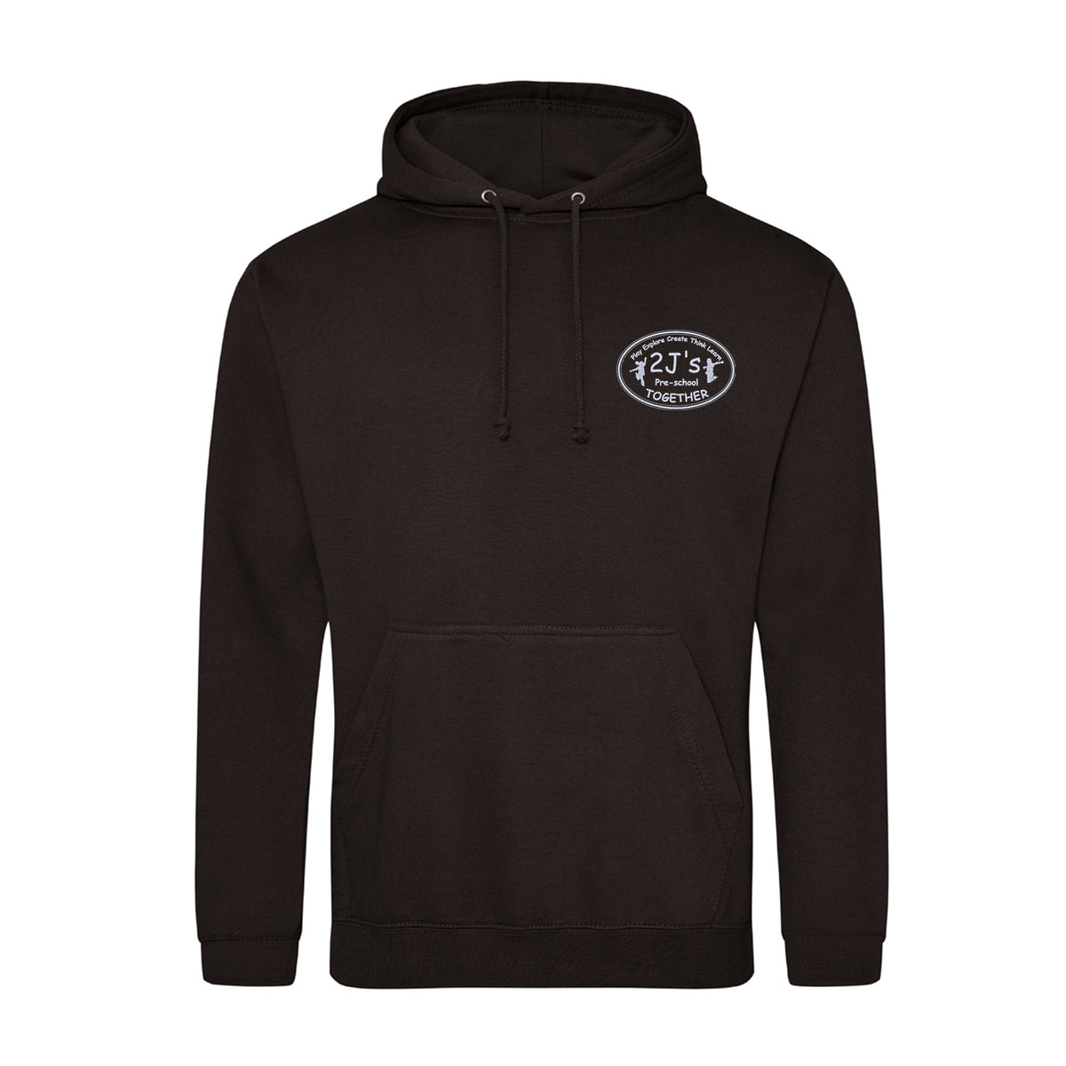 A black pullover hoodie with a drawstring hood and a front kangaroo pocket, featuring a small white circular logo