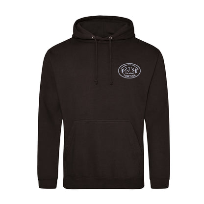 A black pullover hoodie with a drawstring hood and a front kangaroo pocket, featuring a small white circular logo