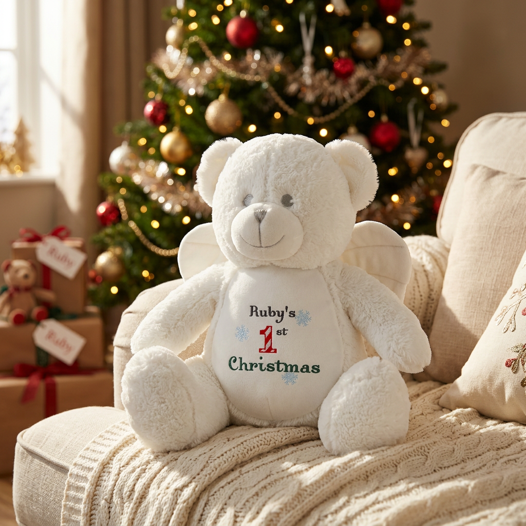 A white plush teddy bear with angel wings sits on a cream knit blanket in front of a decorated Christmas tree. The bear is personalized with the text 'Ruby's 1st Christmas' in red and green, with small snowflake details.