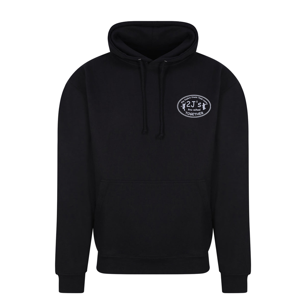 Black hoodie with a white logo on a white background