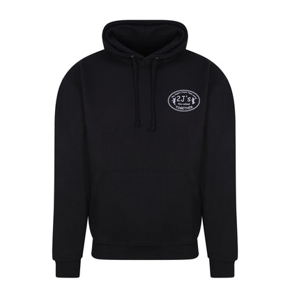 Black hoodie with a white logo on a white background
