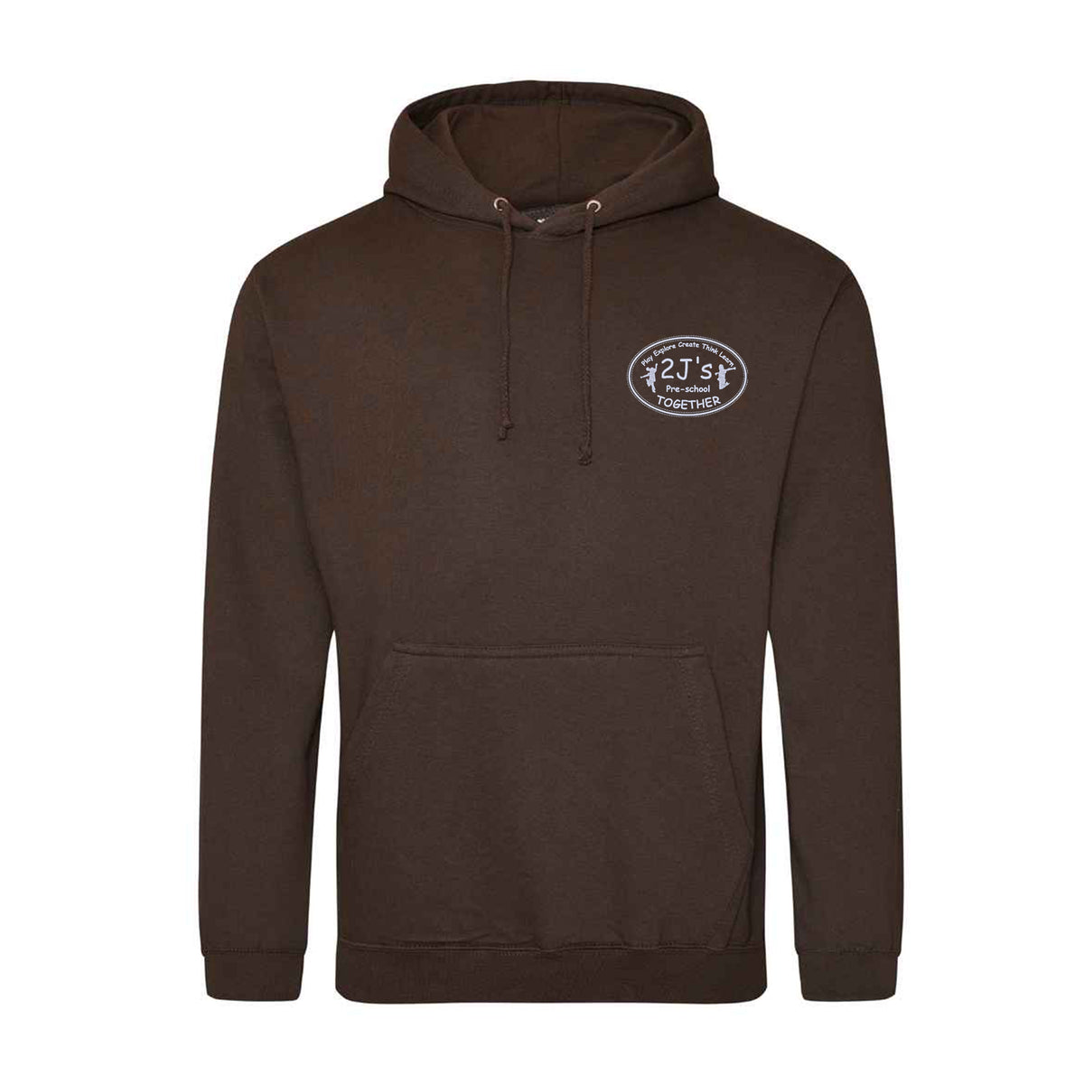 A dark brown pullover hoodie with a drawstring hood and kangaroo pocket, featuring a small white logo