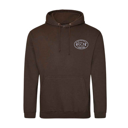 A dark brown pullover hoodie with a drawstring hood and kangaroo pocket, featuring a small white logo
