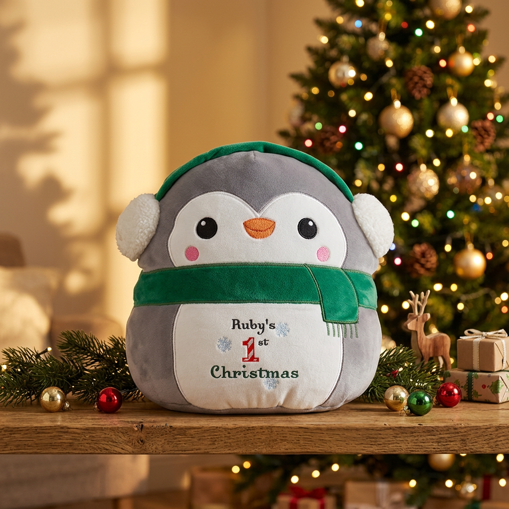 A plush penguin toy sits on a wooden shelf in a decorated holiday room, with a Christmas tree and ornaments in the background. The penguin is gray with white ear flaps, a green scarf, and a white belly patch that reads 'Ruby's 1st Christmas'.