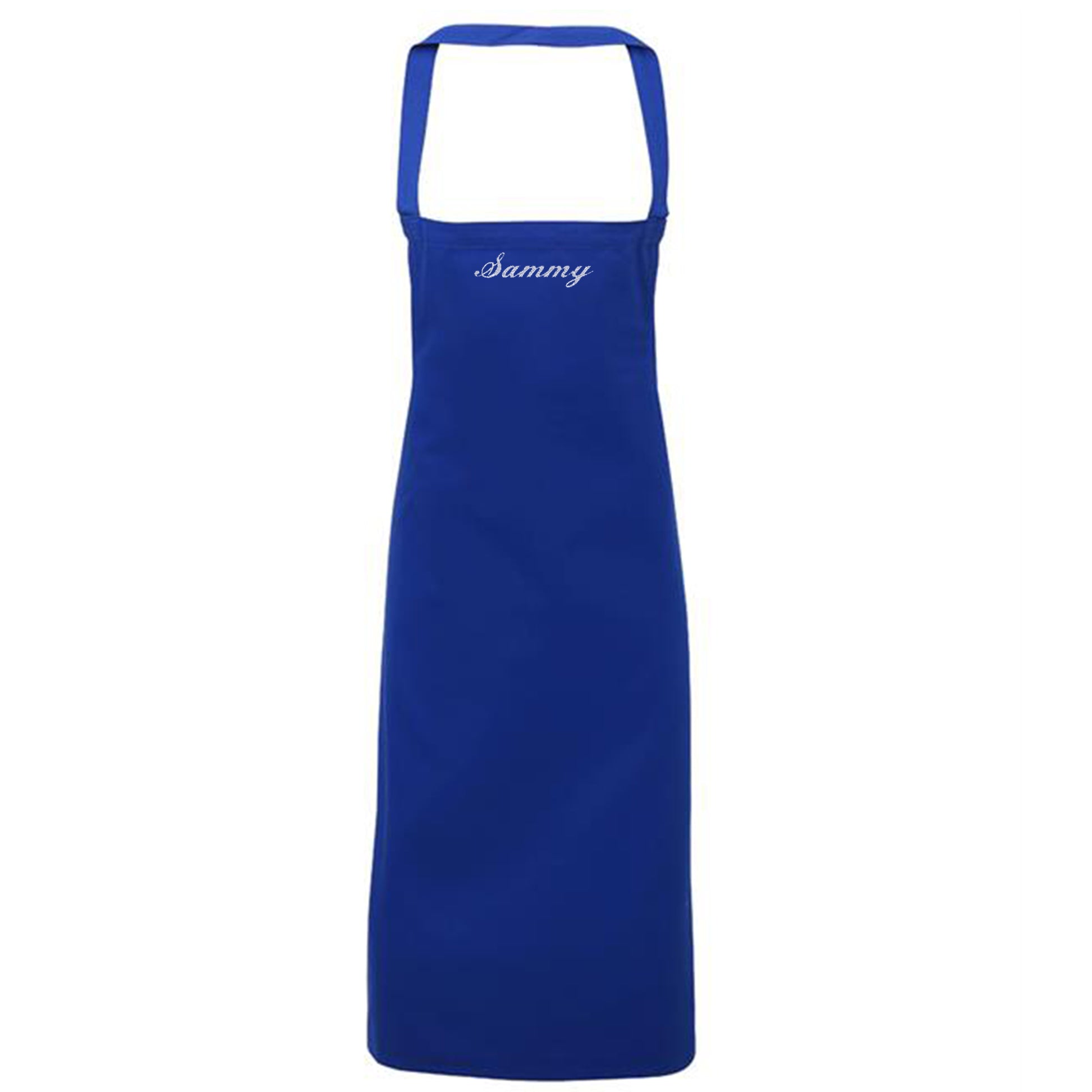 Blue apron with 'Sammy' embroidered on a white background