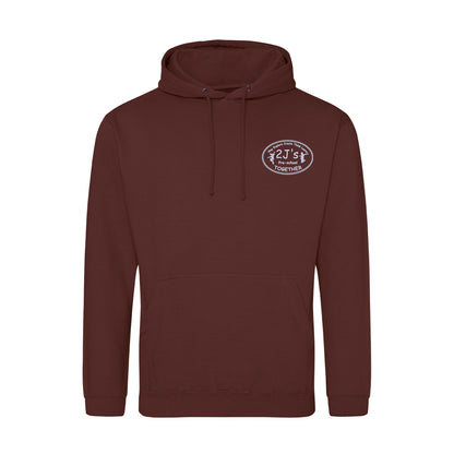 A dark maroon pullover hoodie with a drawstring hood and a kangaroo pocket, featuring a small white logo