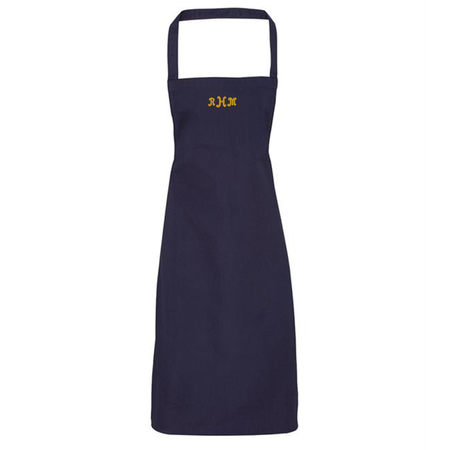 Navy apron with yellow initials on a white background