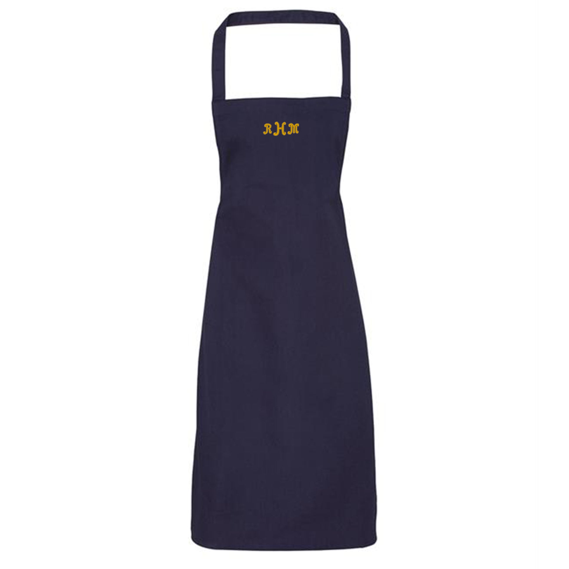 Navy apron with yellow initials on a white background
