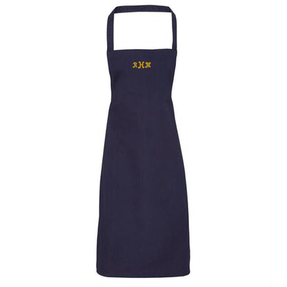 Navy apron with yellow initials on a white background