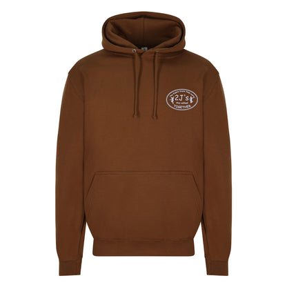 A brown pullover hoodie with a drawstring hood and a front kangaroo pocket, featuring a circular white logo