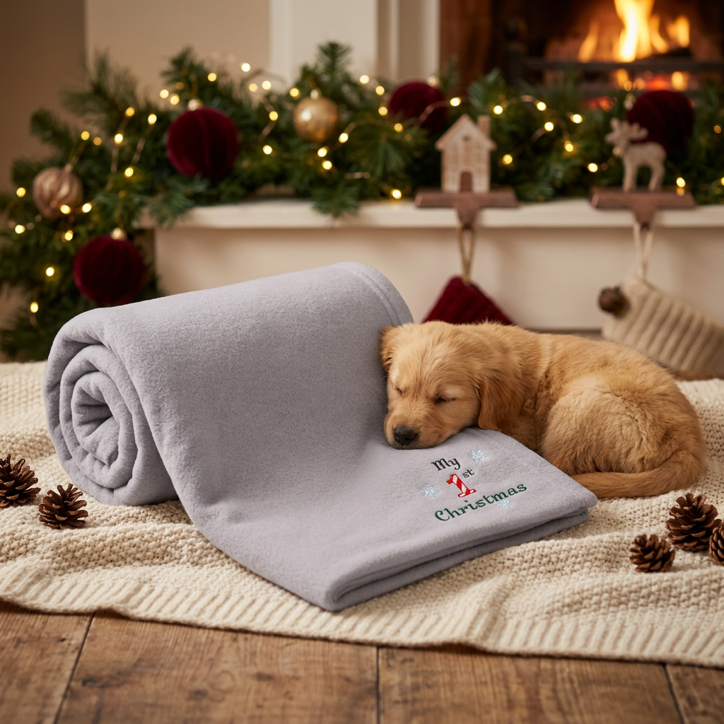 A light gray fleece blanket with 'My Christmas' embroidered in green and red, rolled and laid out on a cream knit rug with pinecones, while a sleeping golden retriever puppy rests on top. The background shows a cozy holiday fireplace with a green garland.