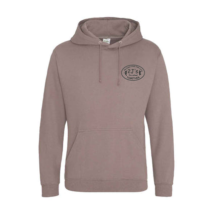 A brown pullover hoodie with a drawstring hood, kangaroo pocket, and a circular black logo