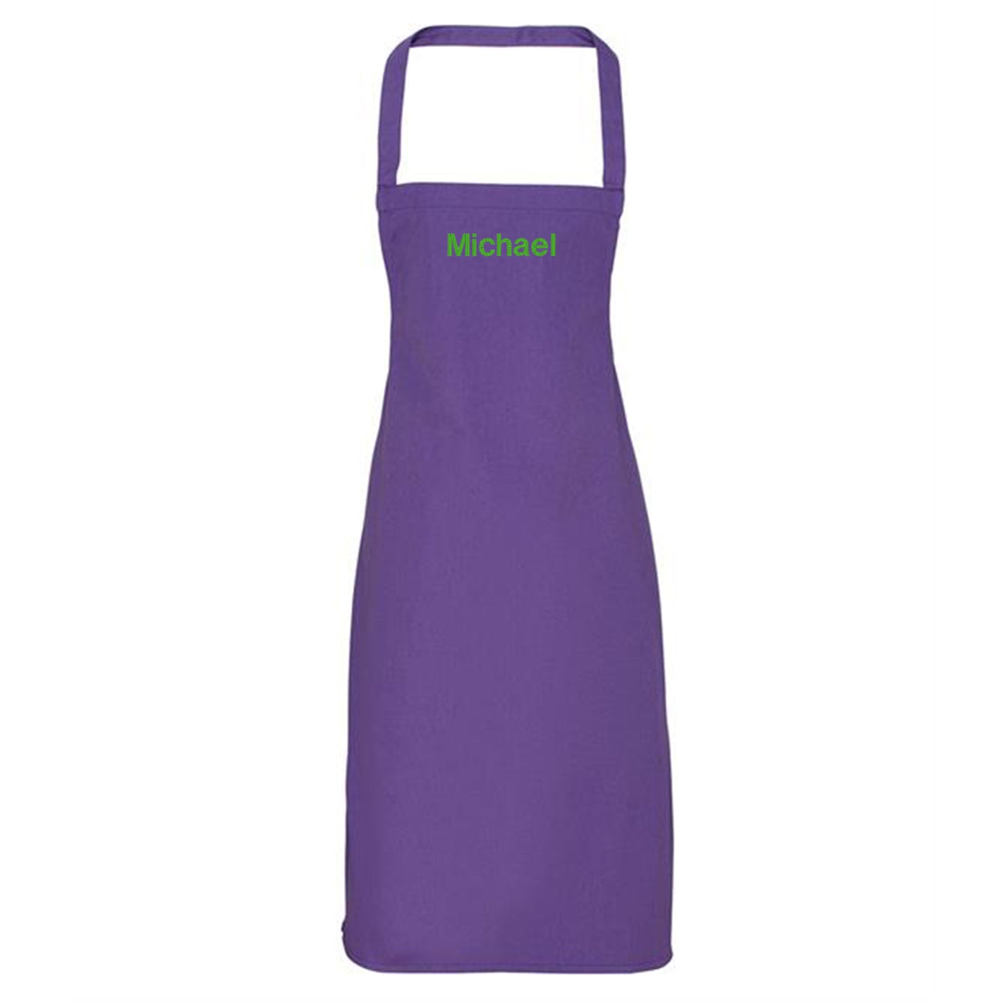 Purple apron with 'Michael' embroidered on a white background