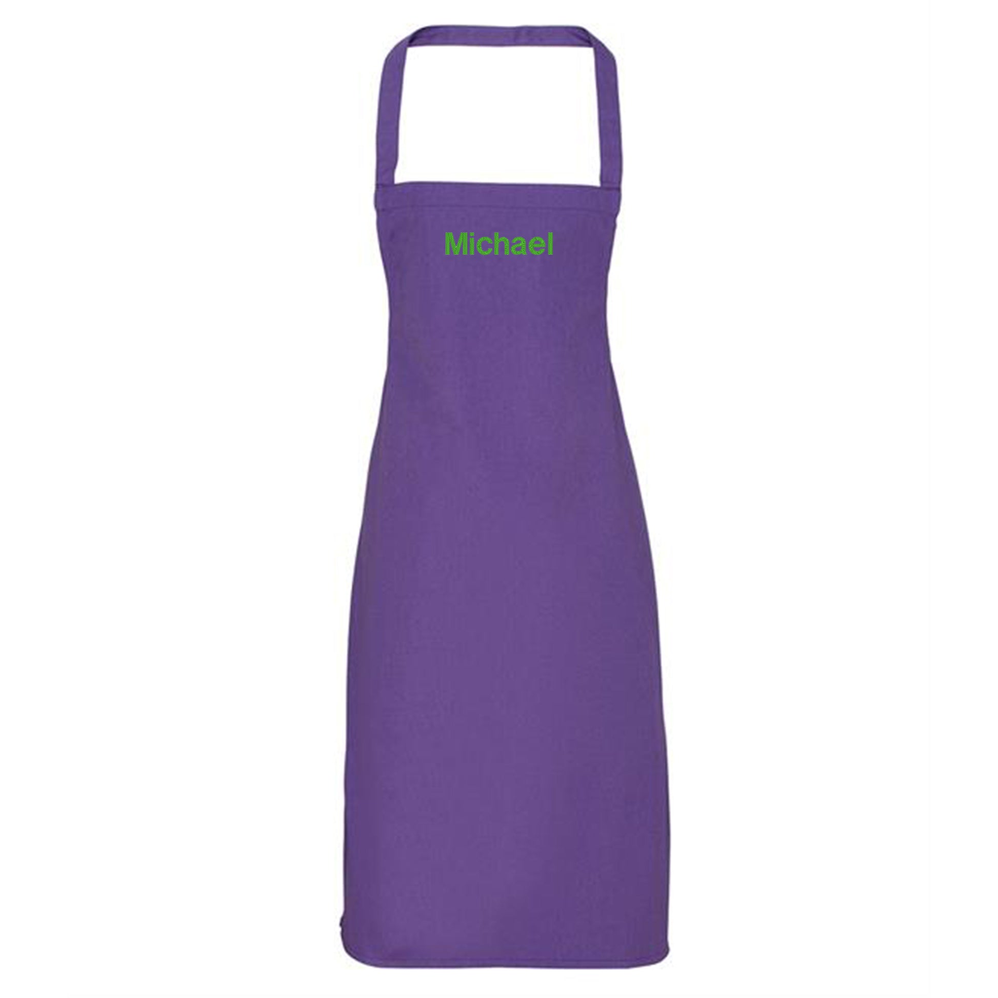 Purple apron with 'Michael' embroidered on a white background