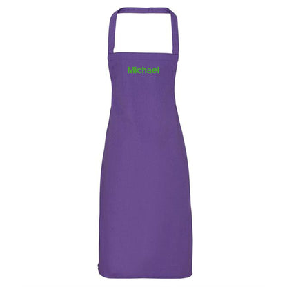 Purple apron with 'Michael' embroidered on a white background