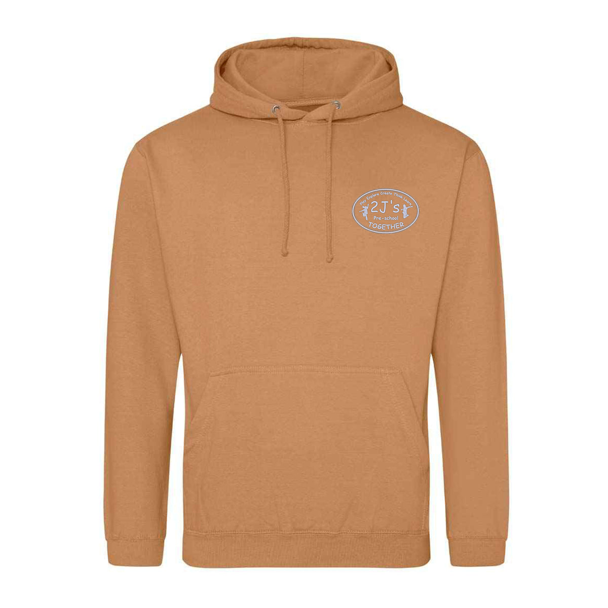 A tan pullover hoodie with a drawstring hood and a kangaroo pocket, featuring a logo