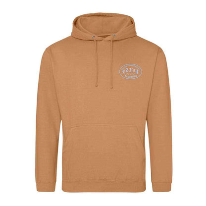 A tan pullover hoodie with a drawstring hood and a kangaroo pocket, featuring a logo
