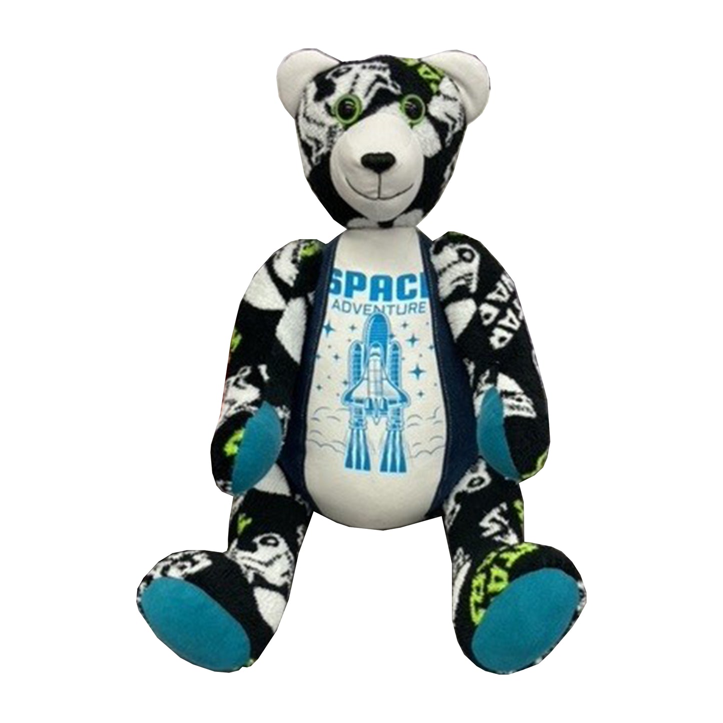 Plush toy bear with space-themed design on a white background